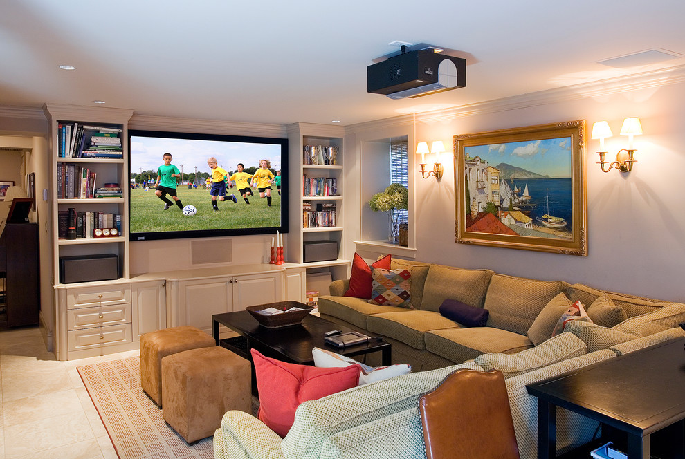 Diseño de sala de estar clásica con pared multimedia