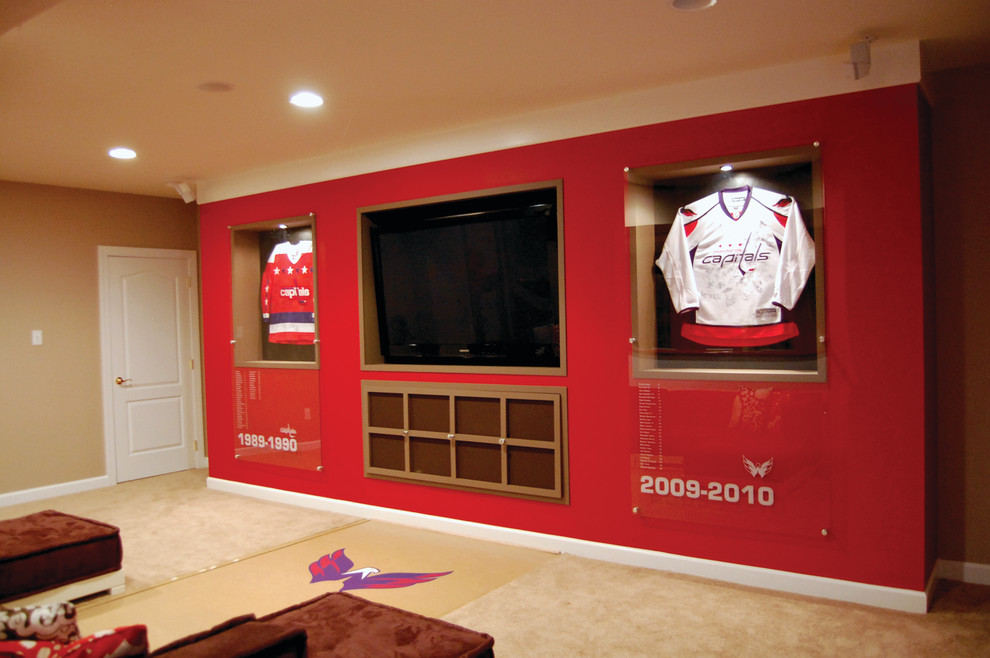 Large trendy open concept carpeted game room photo in DC Metro with a media wall, red walls and no fireplace