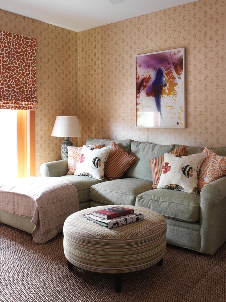 Inspiration for a mid-sized coastal enclosed carpeted family room remodel in New York with beige walls and no fireplace