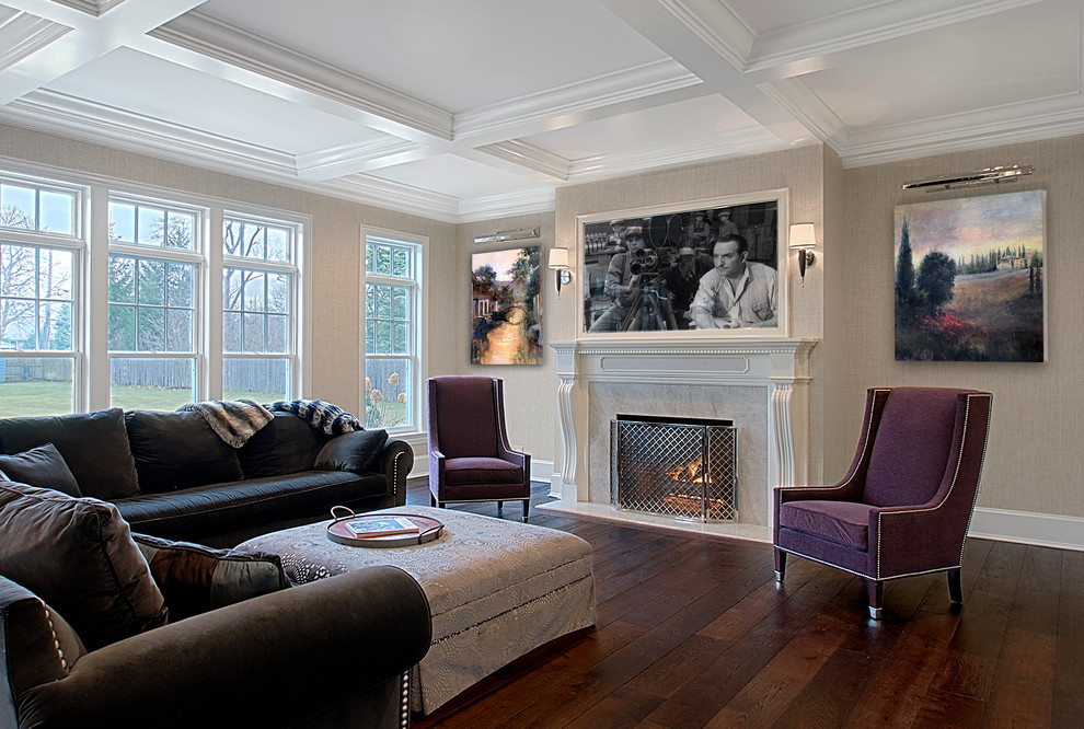 Large classic open plan games room in Chicago with a standard fireplace, a stone fireplace surround, grey walls, dark hardwood flooring, a wall mounted tv, brown floors and a coffered ceiling.