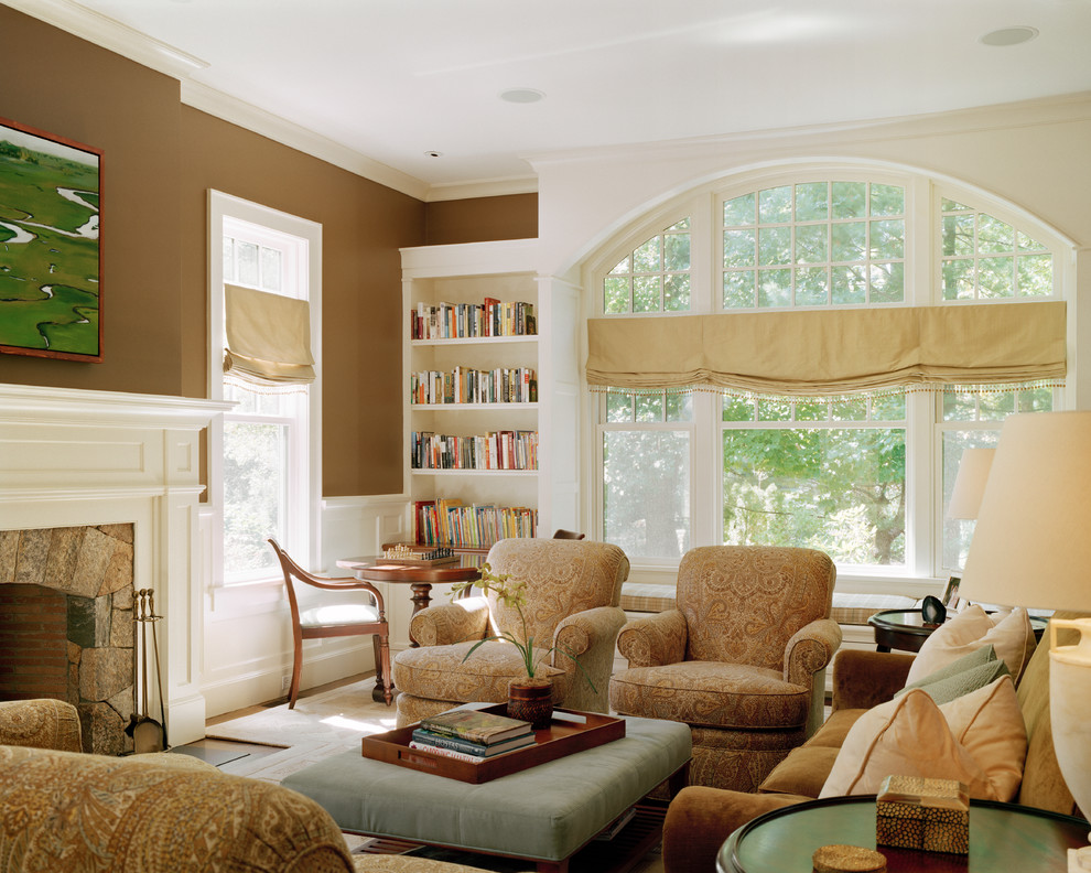 Family room - traditional family room idea in Boston with brown walls
