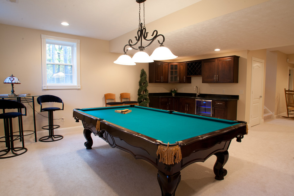 Large traditional enclosed games room in Cleveland with a game room, beige walls, carpet, no fireplace and beige floors.