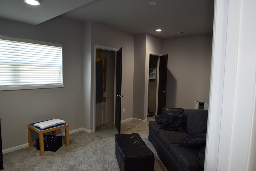 Large transitional enclosed carpeted game room photo in Other with white walls, no fireplace and no tv