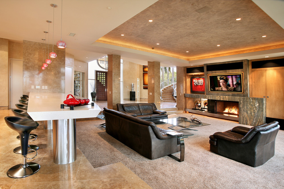 Design ideas for a modern games room in Orange County with a stone fireplace surround.