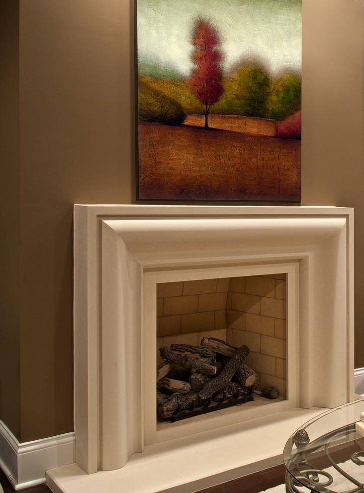 Cette image montre une salle de séjour minimaliste de taille moyenne et ouverte avec un mur marron, parquet foncé, une cheminée standard et un manteau de cheminée en pierre.