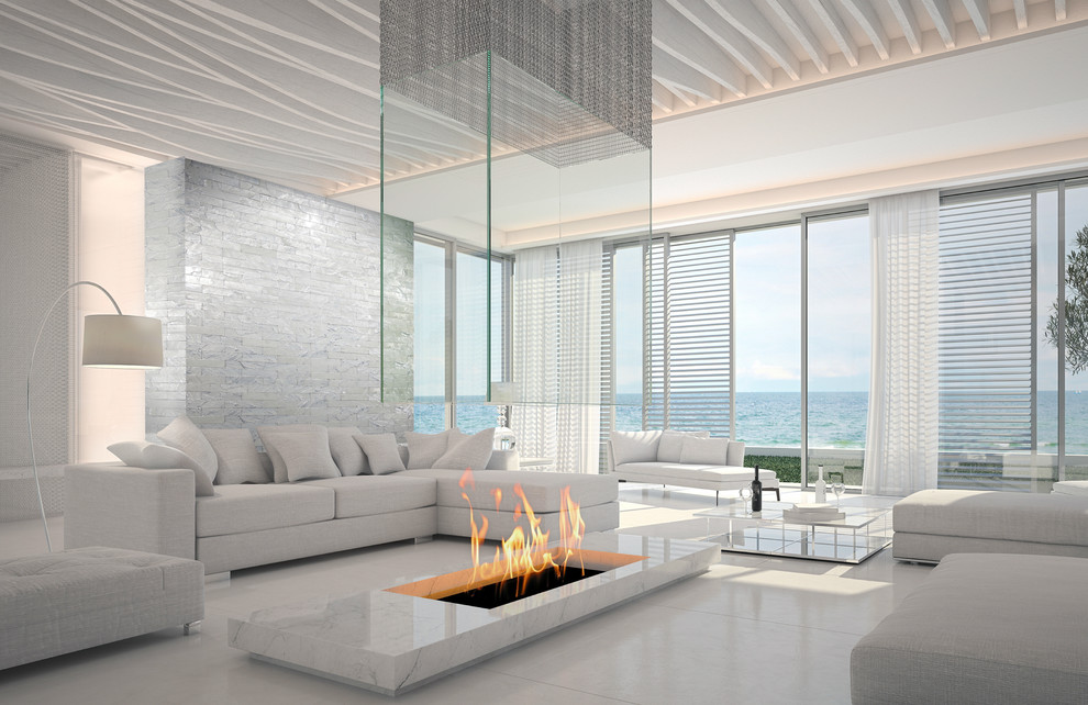 Large minimalist open concept white floor family room photo in Miami with white walls