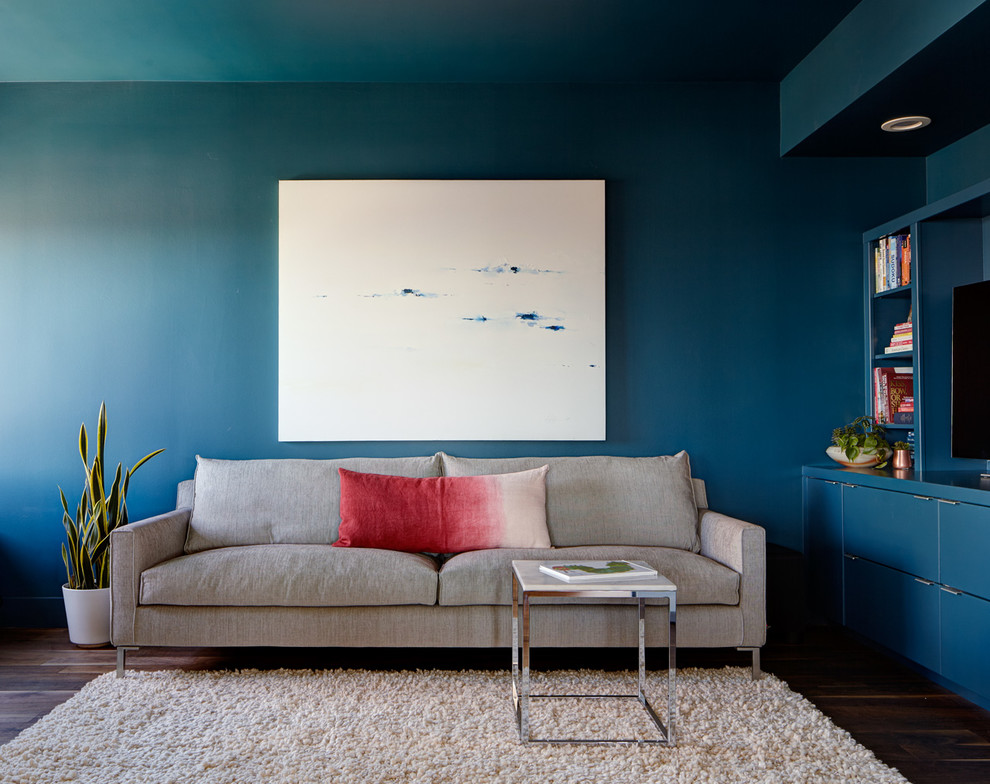 Esempio di un soggiorno contemporaneo con pareti blu, pavimento in legno massello medio e nessun camino