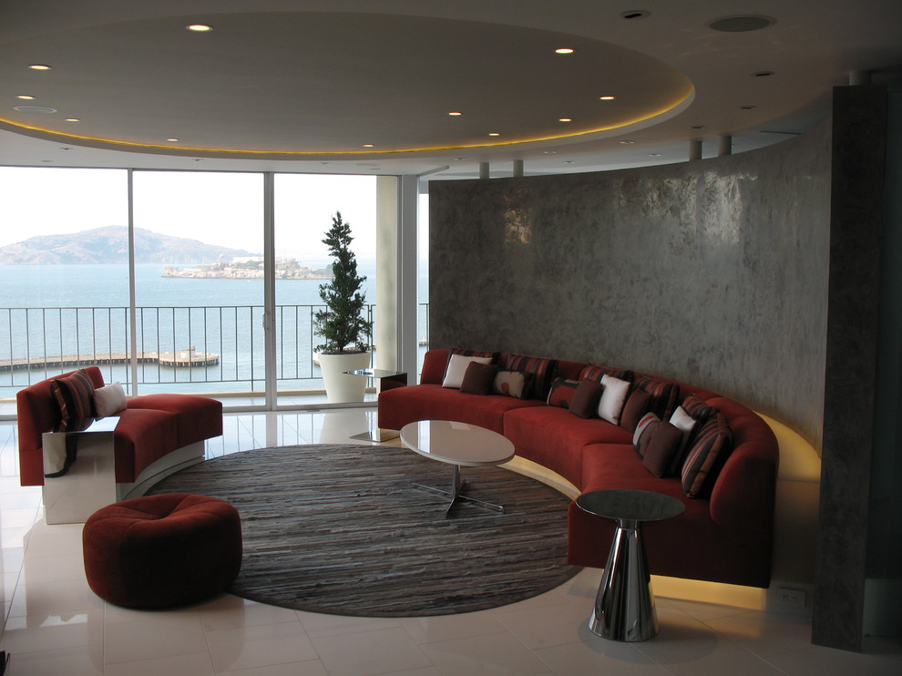 Modelo de sala de estar abierta contemporánea pequeña con paredes grises