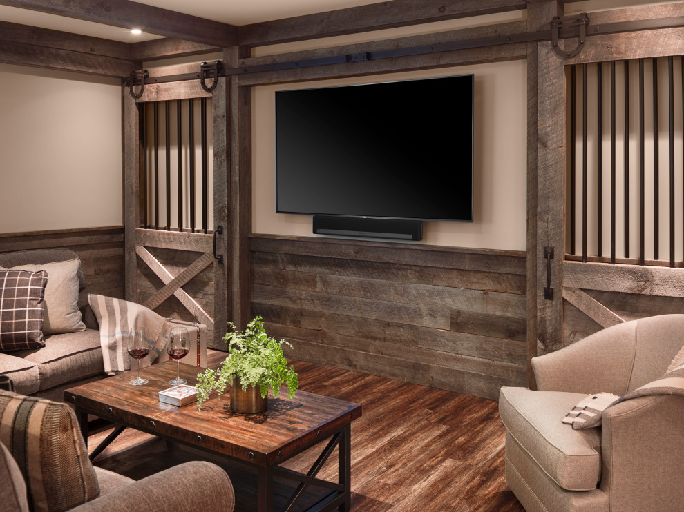Large rustic open plan games room with a home bar, beige walls, vinyl flooring and a wall mounted tv.