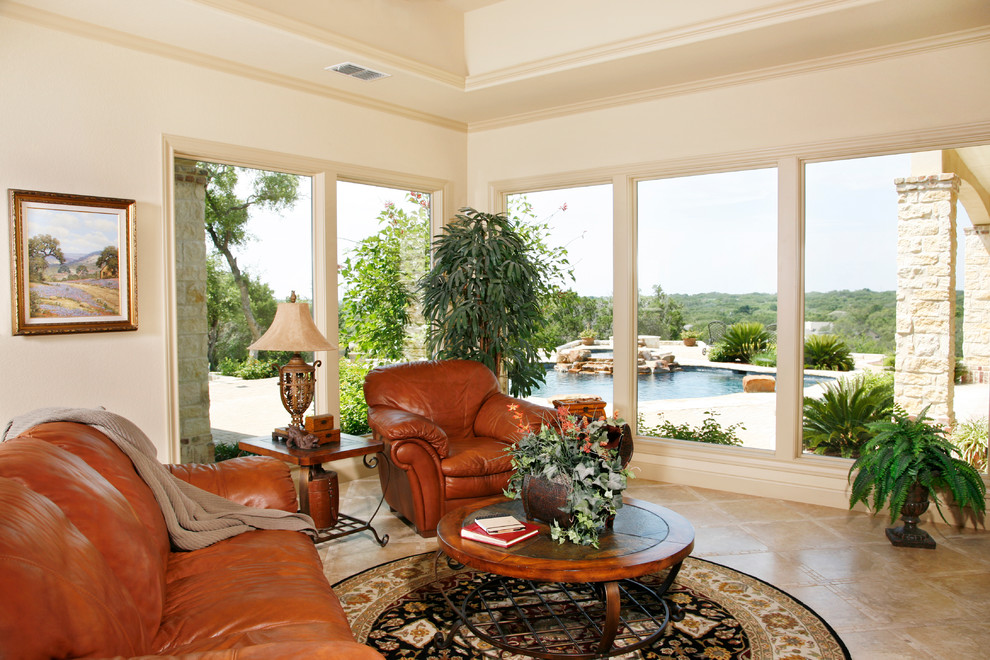Inspiration for a medium sized classic enclosed games room in Austin with white walls and travertine flooring.