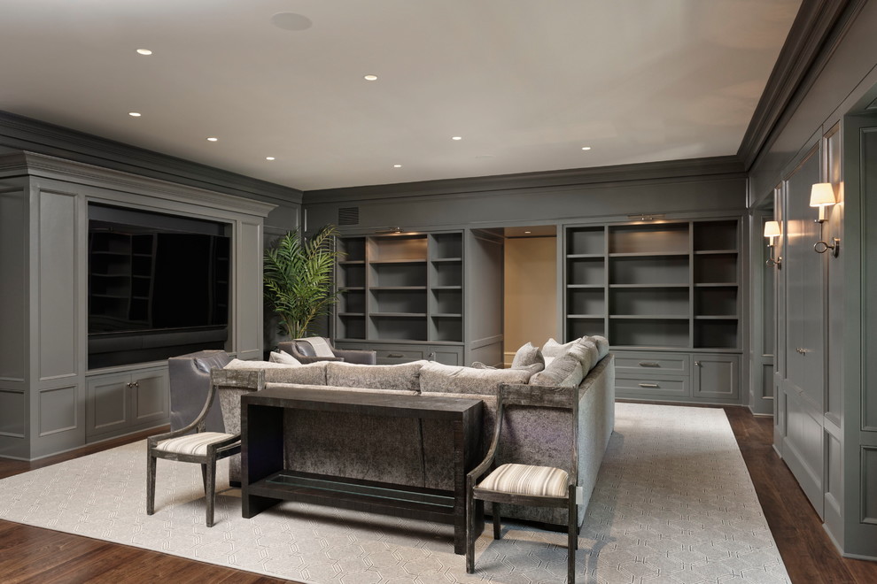 Inspiration for a large timeless open concept dark wood floor and brown floor family room remodel in DC Metro with a music area, gray walls and a media wall