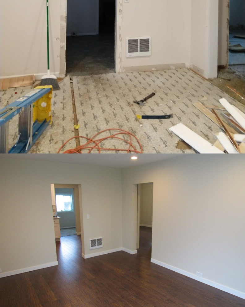 Réalisation d'une petite salle de séjour craftsman fermée avec un mur beige, sol en stratifié et un sol marron.