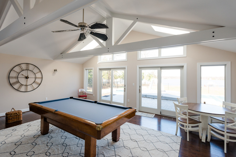 Design ideas for a large beach style games room in Baltimore with beige walls, dark hardwood flooring and brown floors.