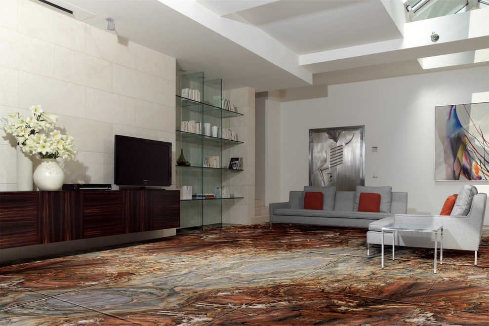 Idee per un soggiorno moderno di medie dimensioni e aperto con pareti bianche e TV autoportante