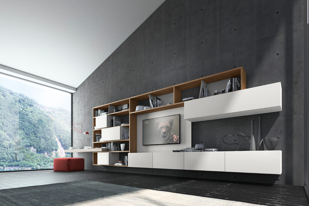 Inspiration pour une très grande salle de séjour minimaliste ouverte avec un mur gris, parquet foncé, un téléviseur fixé au mur et un sol noir.