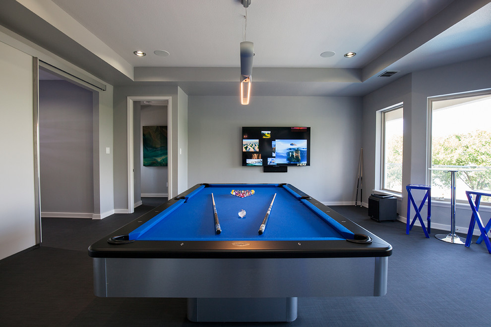 This is an example of a medium sized contemporary open plan games room in Dallas with a home bar, grey walls, ceramic flooring, no fireplace and a wall mounted tv.