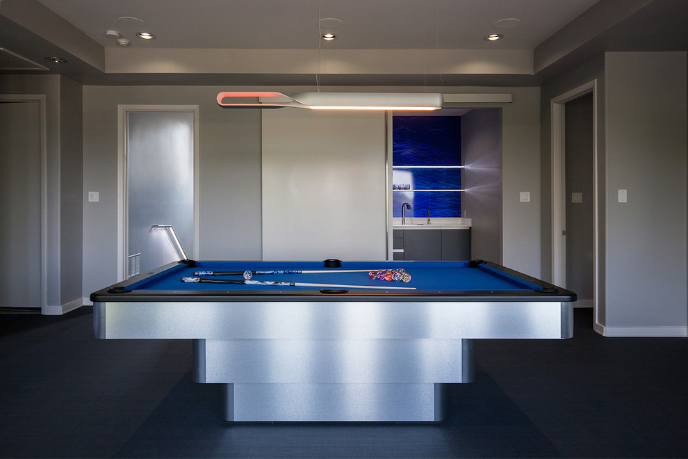 Photo of a medium sized contemporary open plan games room in Dallas with a home bar, grey walls, ceramic flooring, no fireplace and a wall mounted tv.
