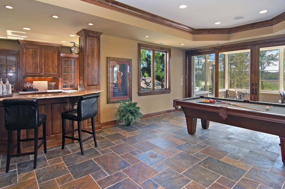 Traditional games room in Minneapolis with multi-coloured floors and slate flooring.