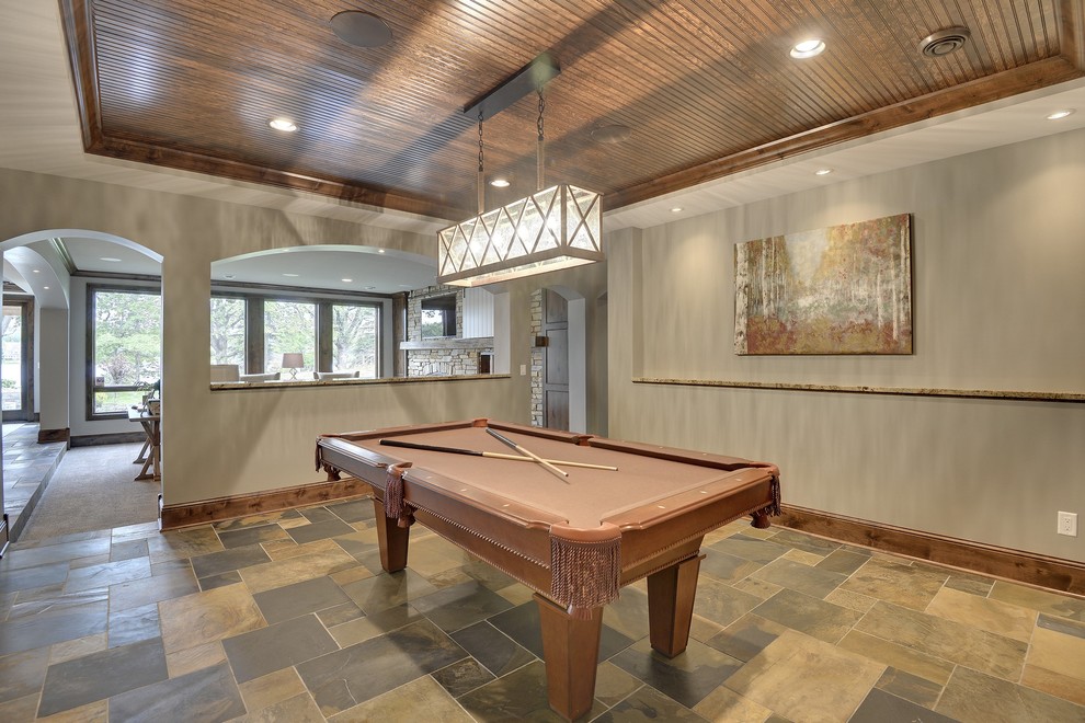 Design ideas for a large traditional enclosed games room in Minneapolis with a game room, beige walls and no fireplace.