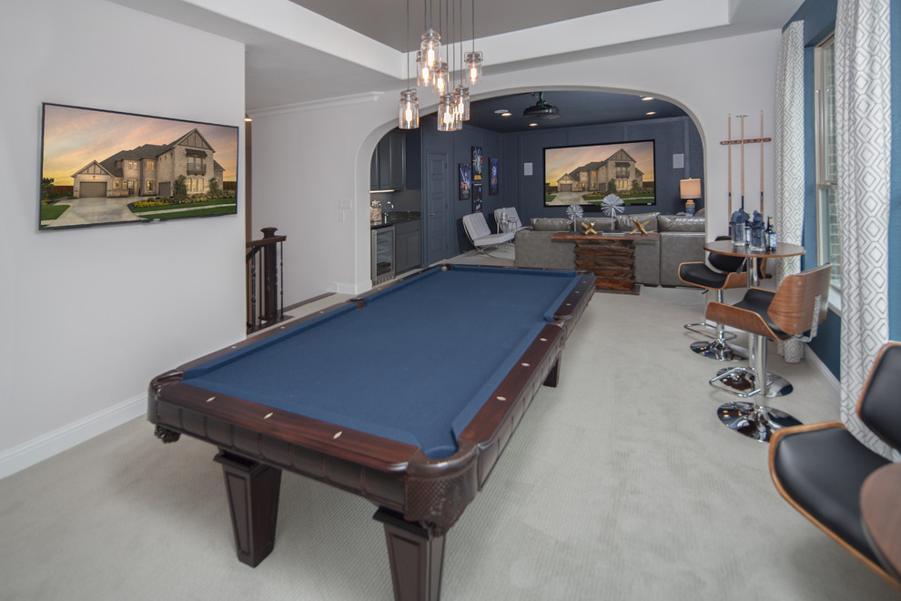 Expansive classic open plan games room in Dallas with a game room, blue walls, carpet, no fireplace and a wall mounted tv.