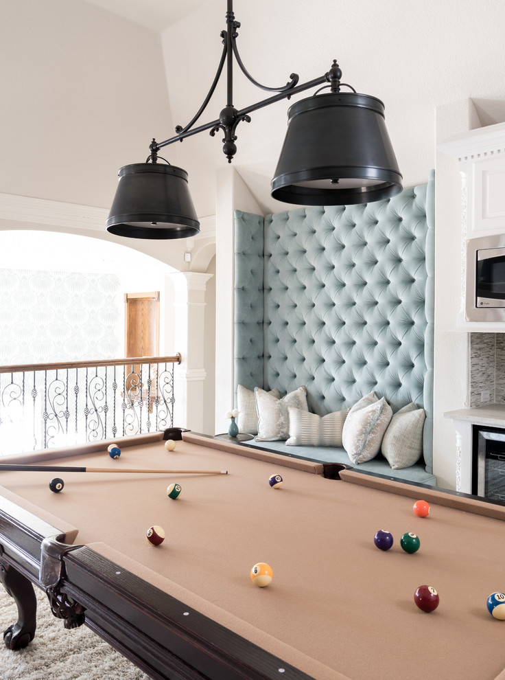 Inspiration for a medium sized eclectic mezzanine games room in Dallas with a game room, white walls, medium hardwood flooring and brown floors.