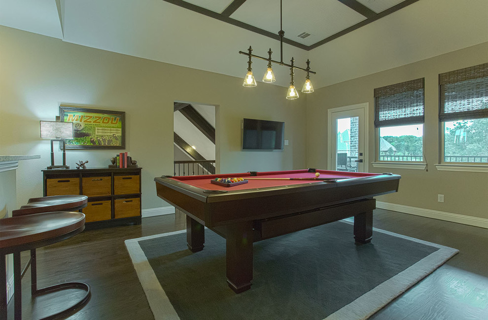 Inspiration for a large traditional open plan games room in Dallas with a game room, grey walls, dark hardwood flooring, a wall mounted tv, no fireplace and brown floors.