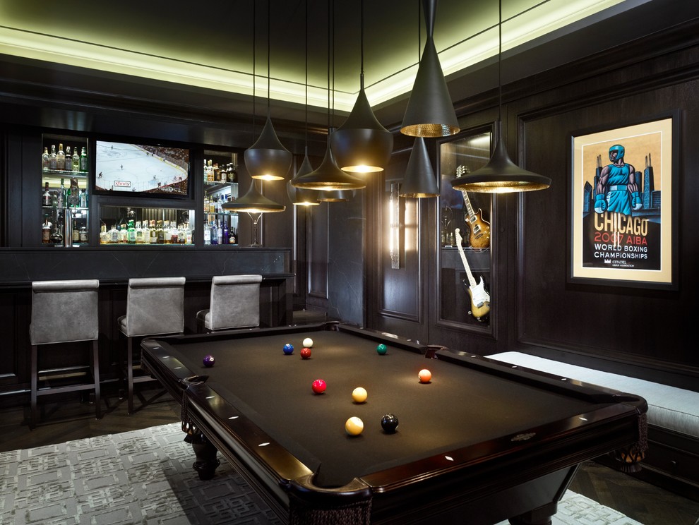 Example of a trendy family room design in Chicago with a bar, black walls and a wall-mounted tv