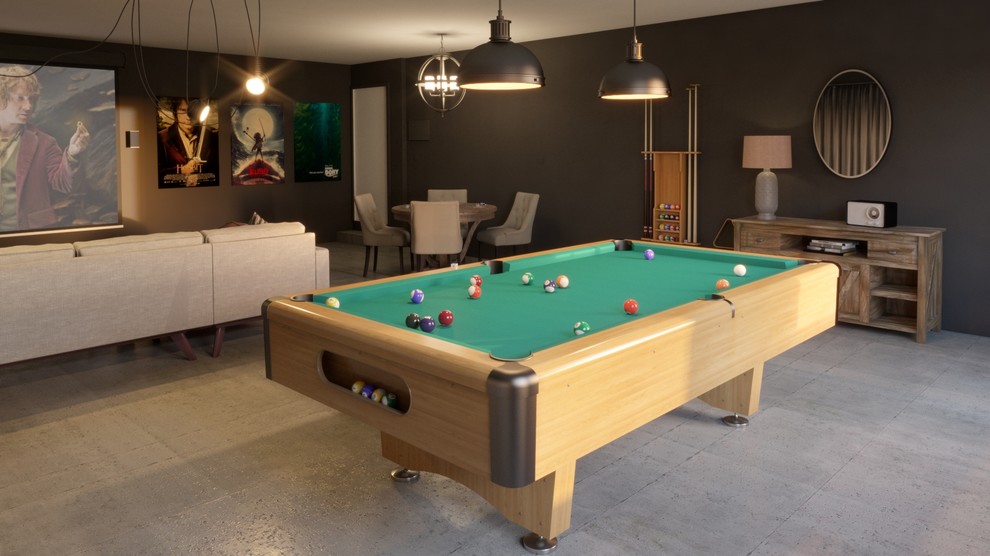 Inspiration for a large traditional enclosed games room in Tampa with a game room, black walls, concrete flooring, no fireplace and grey floors.