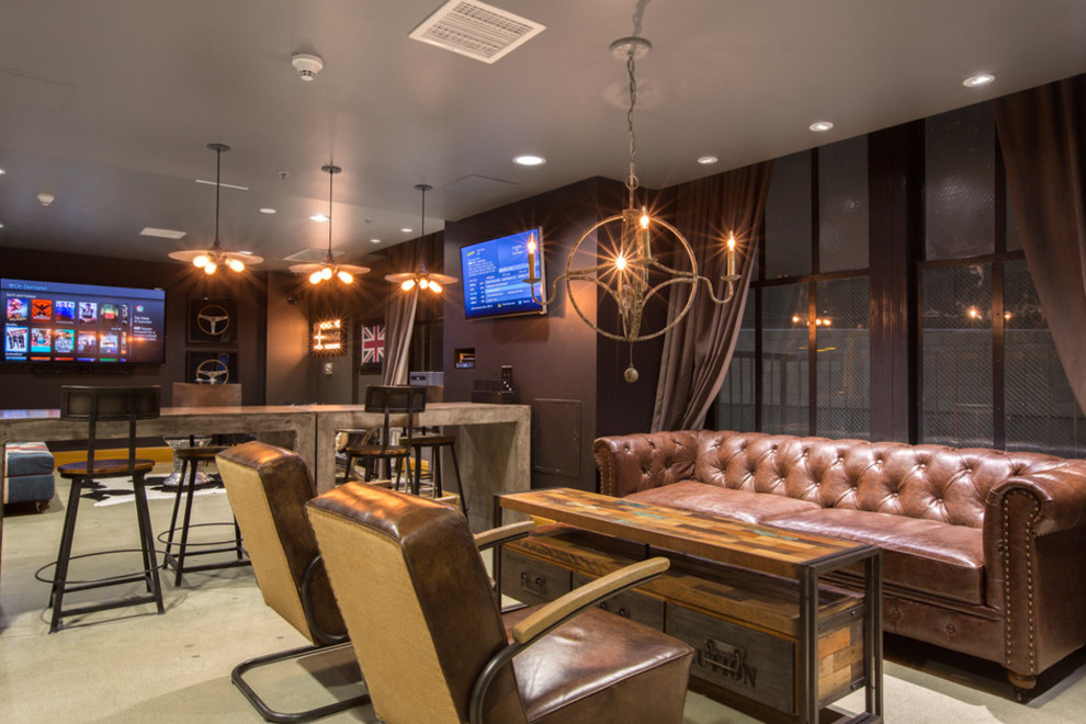 Example of a huge urban open concept concrete floor and gray floor family room design in San Francisco with brown walls, a wall-mounted tv and a bar