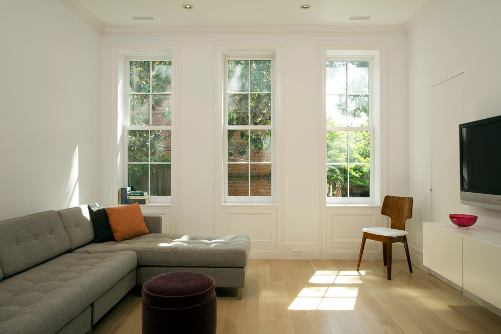 Modernes Wohnzimmer mit hellem Holzboden und TV-Wand in Washington, D.C.