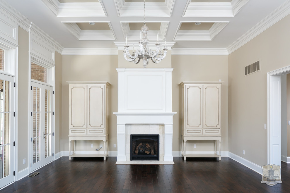 Mid-sized elegant open concept dark wood floor family room photo in Louisville with beige walls, a standard fireplace and a tile fireplace