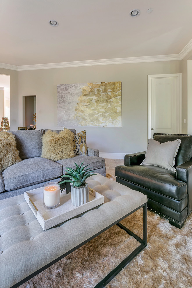 Family room - large transitional open concept ceramic tile family room idea in Los Angeles with gray walls, a corner fireplace, a stone fireplace and no tv