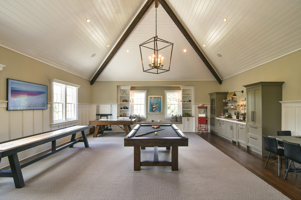 Traditional games room in Charleston with beige walls, dark hardwood flooring, a wall mounted tv and brown floors.