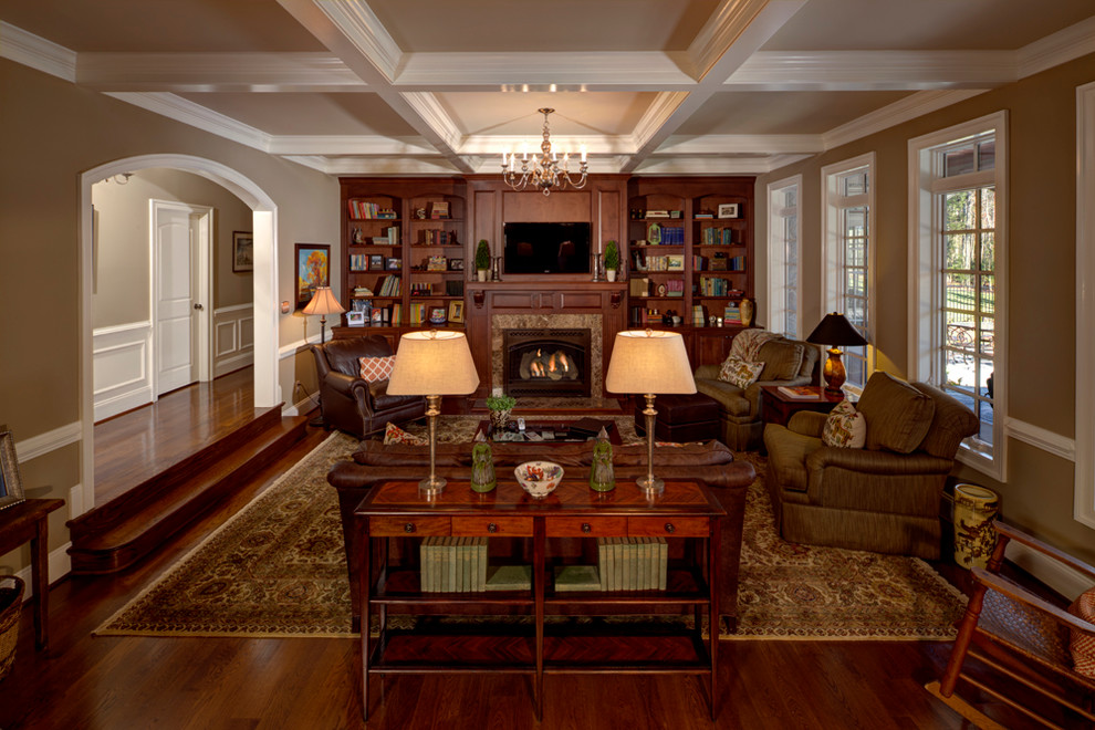 Large traditional enclosed games room in Richmond with beige walls, dark hardwood flooring, a standard fireplace, a tiled fireplace surround and a wall mounted tv.