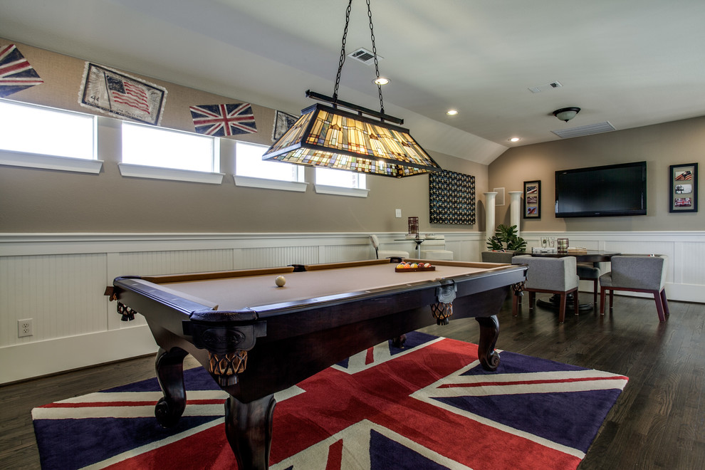 Design ideas for a classic games room in Dallas with beige walls, dark hardwood flooring and a wall mounted tv.