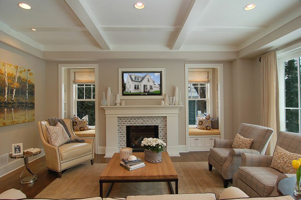 Inspiration for a transitional family room remodel in Minneapolis with gray walls