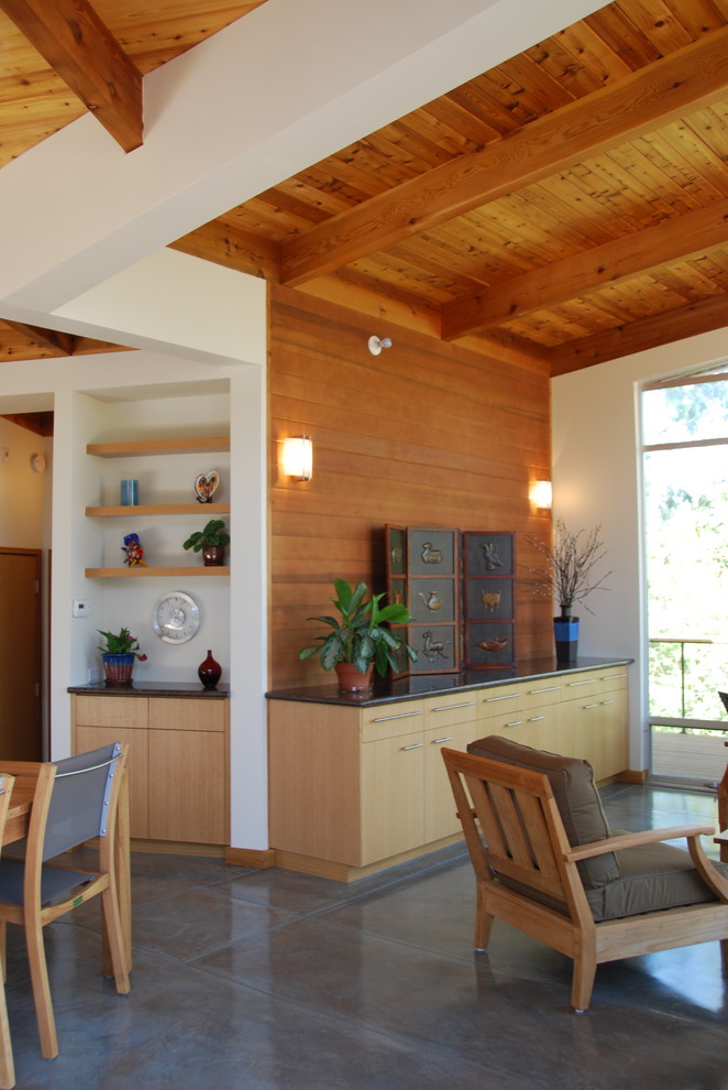 Свежая идея для дизайна: гостиная комната в современном стиле с бетонным полом и серым полом - отличное фото интерьера
