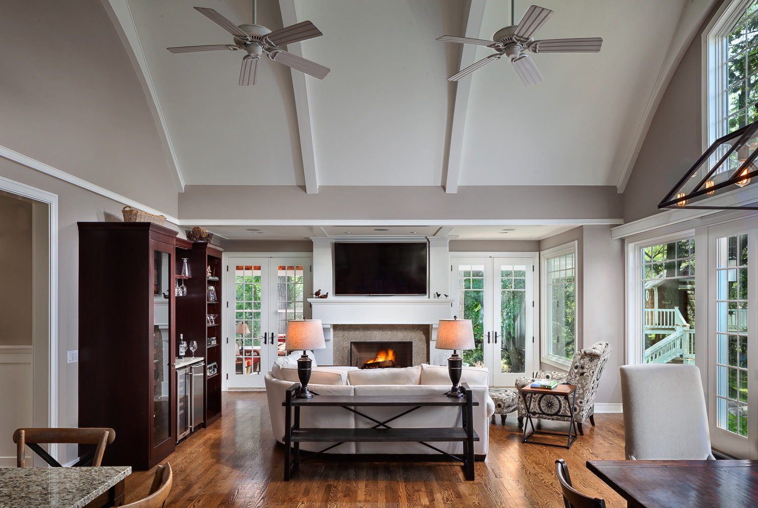 Great Room Features Vaulted Ceiling Beams And 8 French Doors Craftsman Family Room Chicago By Orren Pickell Building Group Houzz