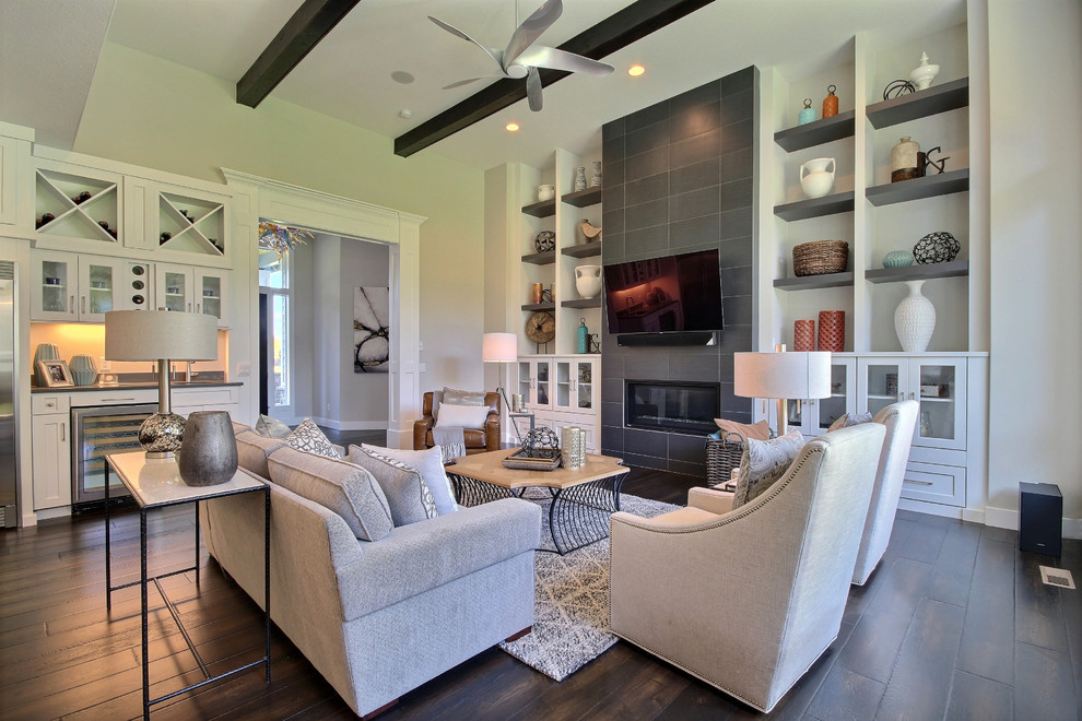 Inspiration for a large classic open plan games room in Portland with a game room, beige walls, dark hardwood flooring, a ribbon fireplace, a tiled fireplace surround and a wall mounted tv.