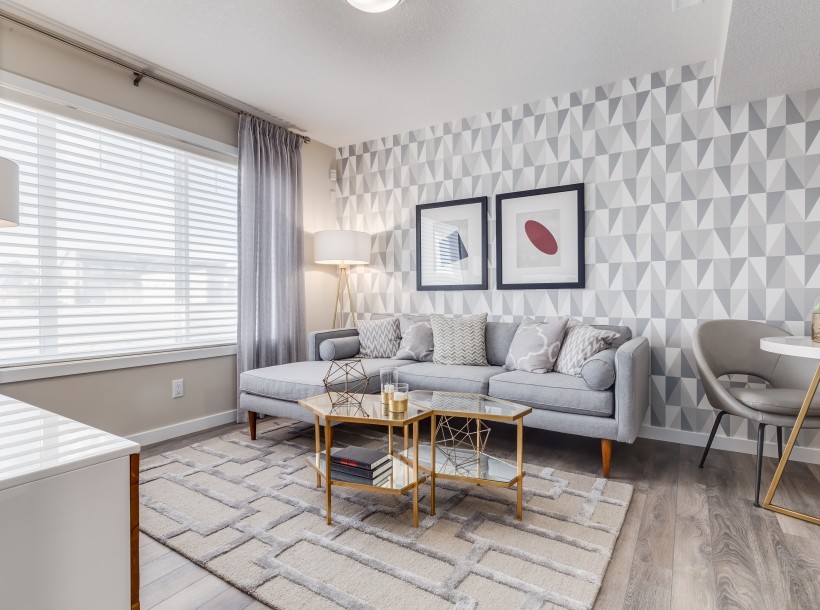 Esempio di un grande soggiorno design aperto con pareti grigie, pavimento in laminato e pavimento grigio