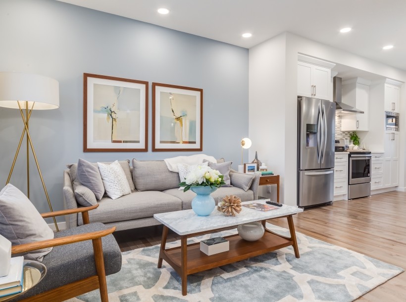 Modelo de sala de estar abierta actual de tamaño medio con paredes azules, suelo de madera en tonos medios y todas las chimeneas