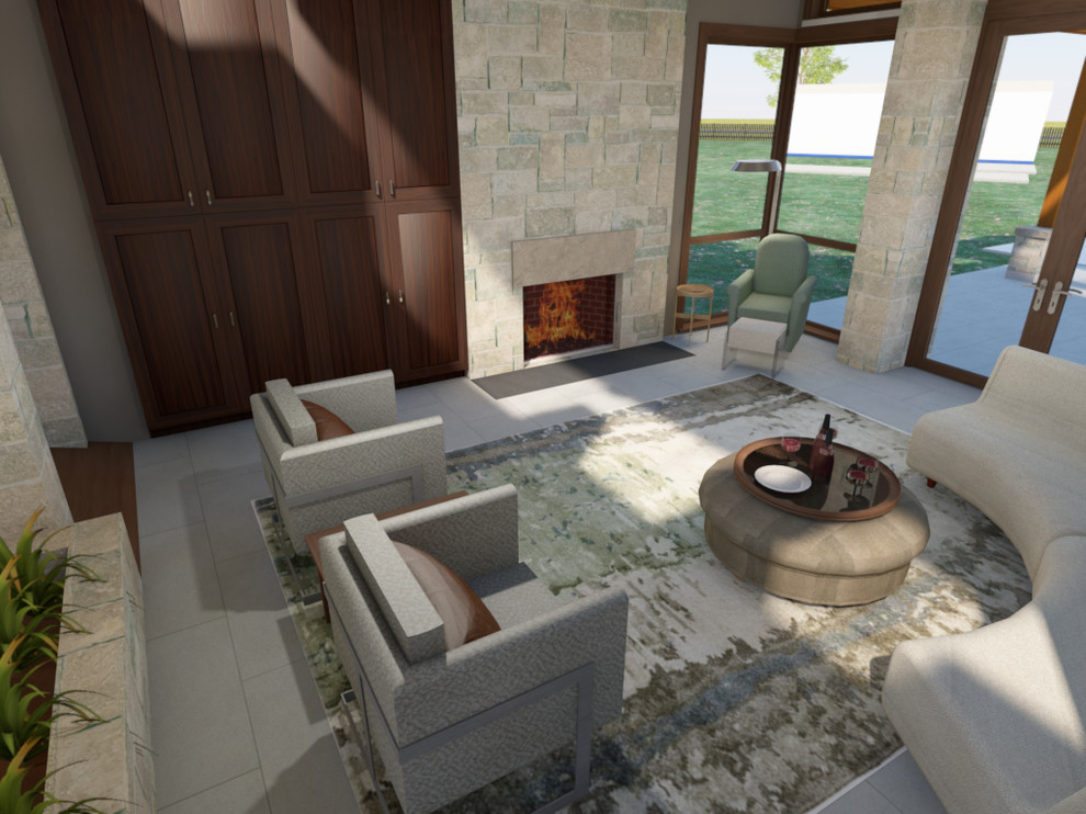 Cette photo montre une grande salle de séjour tendance ouverte avec un mur beige, un sol en ardoise, une cheminée standard, un manteau de cheminée en pierre, un téléviseur encastré et un sol gris.