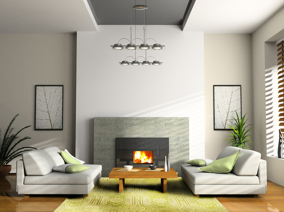 Inspiration pour un salon minimaliste de taille moyenne avec un mur blanc, une cheminée standard et un manteau de cheminée en pierre.