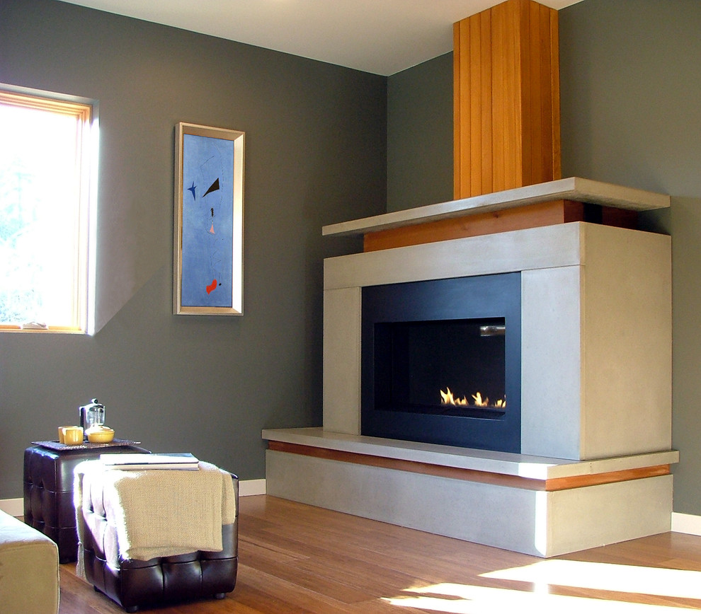 Idée de décoration pour une salle de séjour design de taille moyenne et fermée avec un mur gris, un sol en bois brun, une cheminée ribbon, un manteau de cheminée en carrelage et aucun téléviseur.