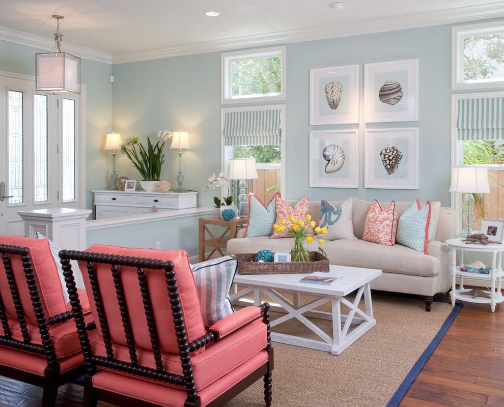 Example of a beach style family room design in San Diego