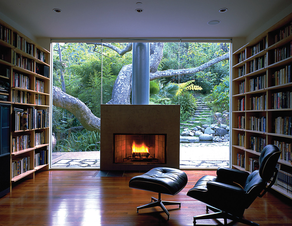 Imagen de sala de estar con biblioteca minimalista de tamaño medio con suelo de madera en tonos medios, todas las chimeneas, marco de chimenea de yeso y pared multimedia