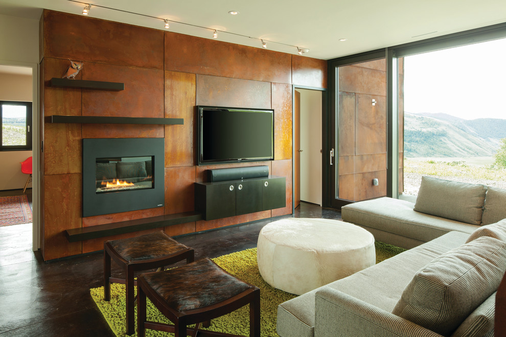 Идея дизайна: изолированная гостиная комната среднего размера в современном стиле с фасадом камина из металла, телевизором на стене, разноцветными стенами, бетонным полом, стандартным камином и коричневым полом