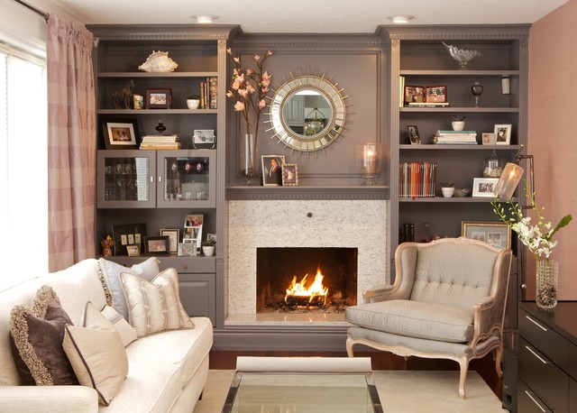 Grown Up Family Room French Country, Built In Bookcase Designs Around Fireplace