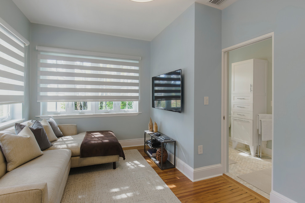 Foto de sala de estar cerrada pequeña sin chimenea con paredes azules, suelo de madera clara y televisor colgado en la pared