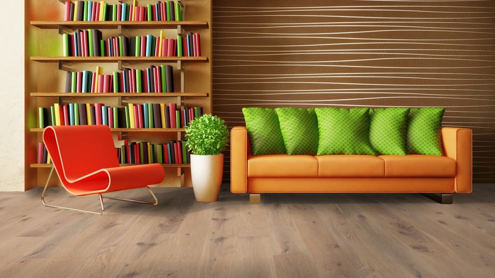 Family room - shabby-chic style light wood floor family room idea in Miami